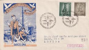 Timbres: PALOMA MENSAJERA V CONGRESO COLOMBOFILO, BARCELONA 1955. MATASELLOS EN SOBRE CIRCULADO DE DP. MPM.
